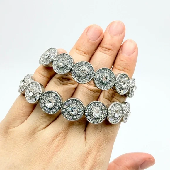 Set of 2 Silver Tone Stretch Bracelets Rhinestone Disc Statement - Picture 4 of 7